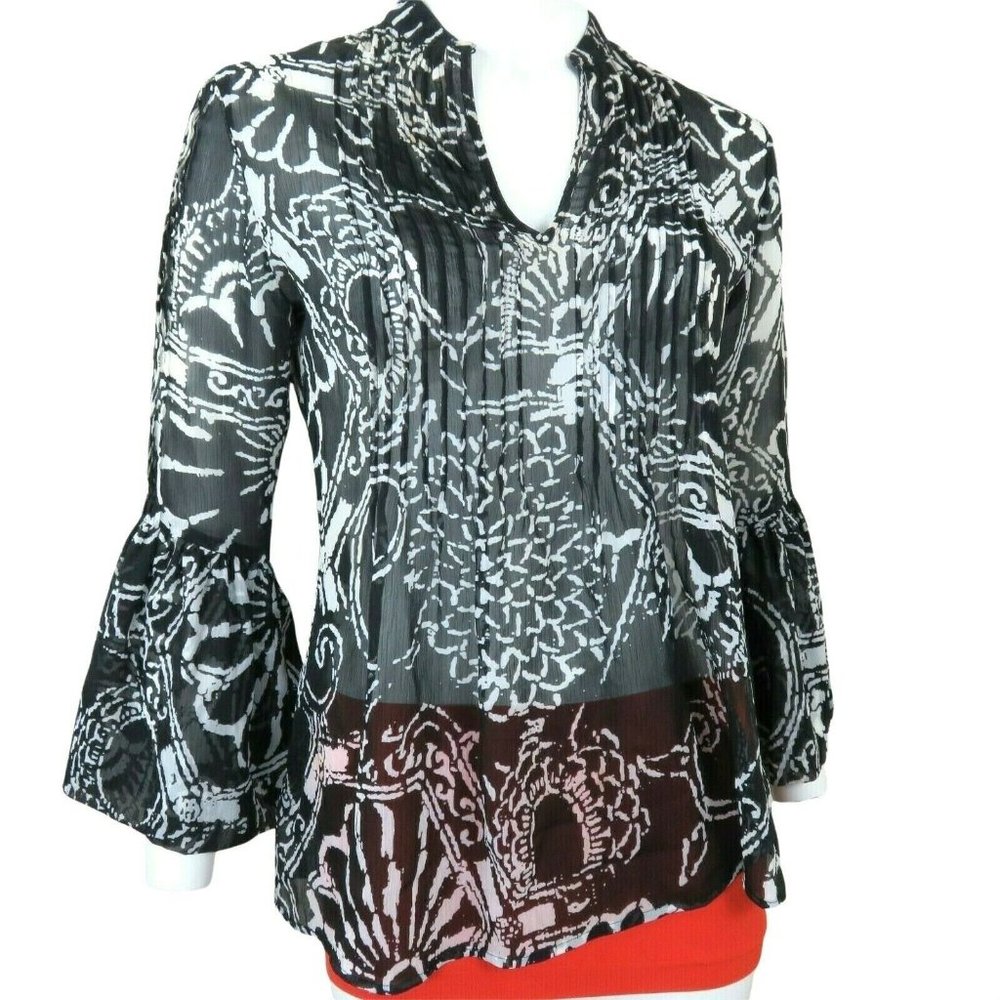Caché Sheer Blouse S Pleated V Neck Pullover Bell Sleeve Vintage 90s